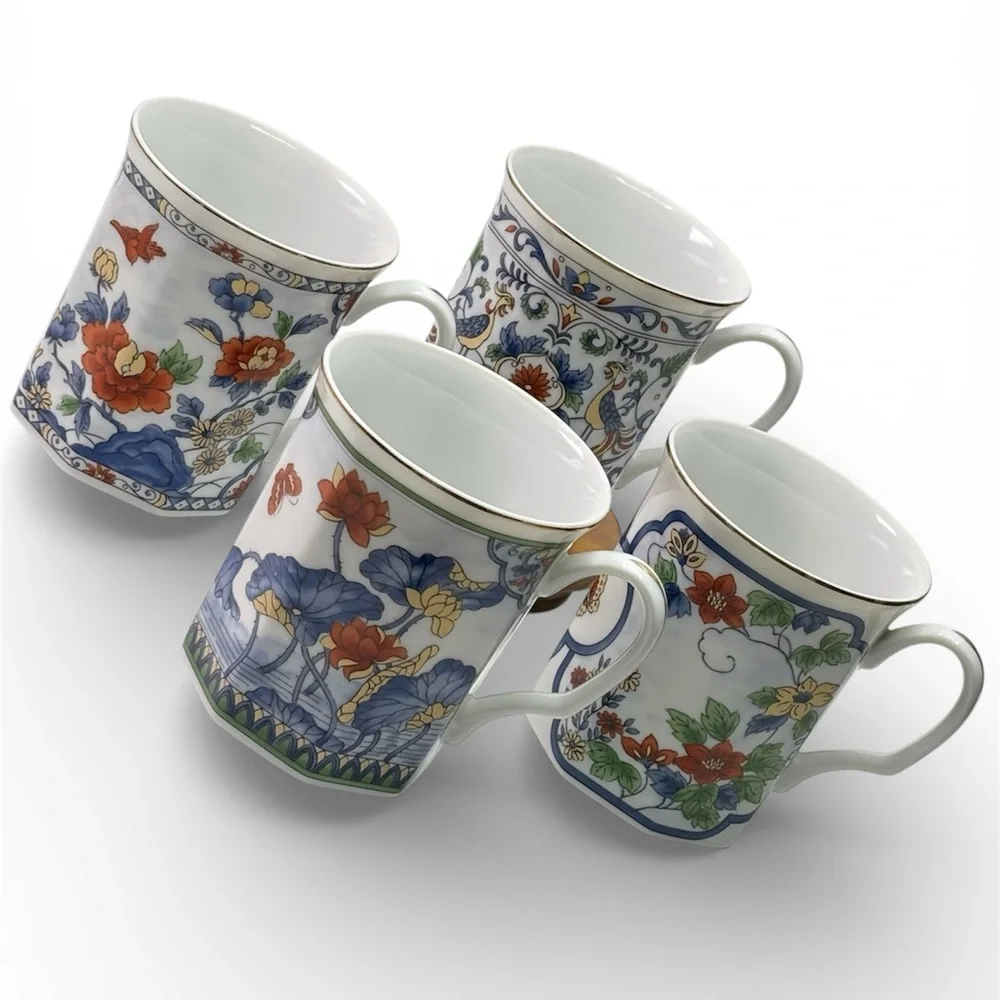 Japanese Vintage Set of 4 Octagon Shaped Gold Trim Coffee Tea Cups Floral 3.5" - Picture 2 of 8